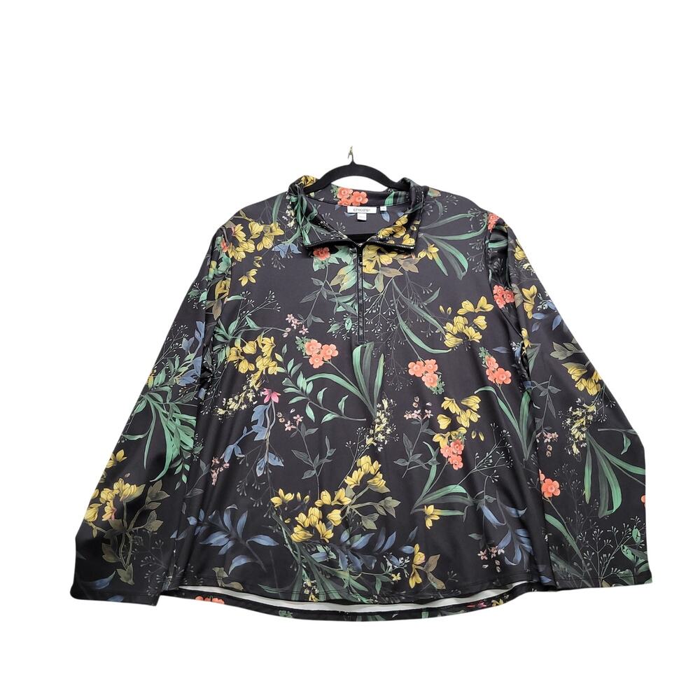 Chico's Women's Size 4 US 20 Floral Quarter Zip Pullover Top Black Long Sleeve